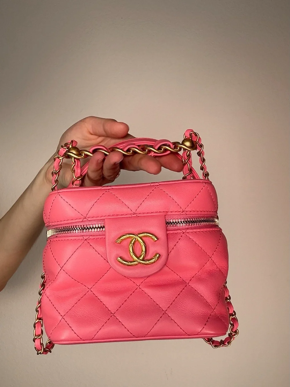 CHANEL Pink Quilted Leather Square Vanity Crossbody with Gold Hardware NIB